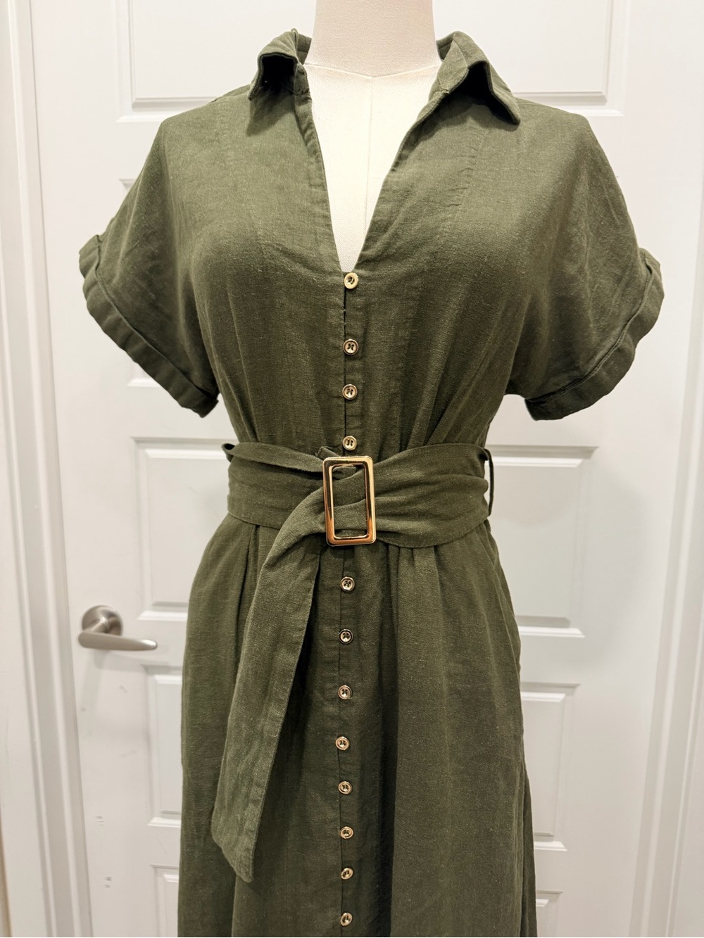 Zara Linen-Blend Olive Button-Front Shirt Maxi Dress with Belt - Picture 4 of 12